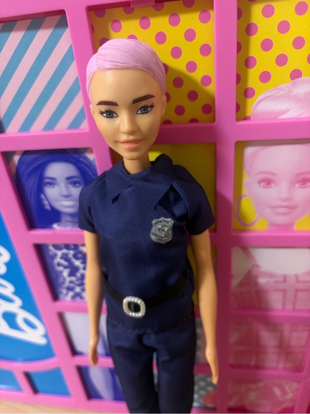 Barbie Doll with Pink Hair in Navy Police Outfit